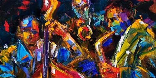 Colorful painted scene of Jazz musicians performing together
